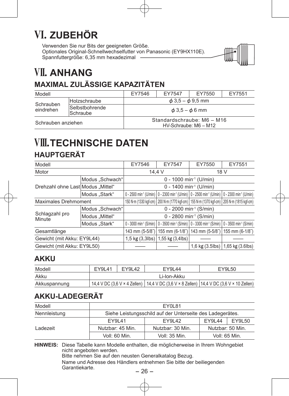 Viii, Zubehör, Anhang | Technische daten, Maximal zulässige kapazitäten, Hauptgerät, Akku, Akku-ladegerät | Panasonic EY7546 User Manual | Page 26 / 116