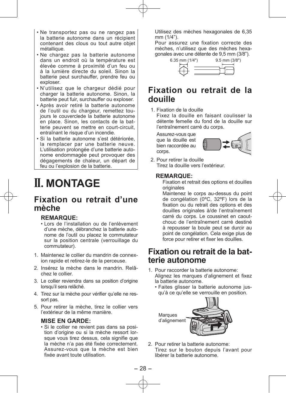 Montage, Fixation ou retrait d’une mèche, Fixation ou retrait de la douille | Fixation ou retrait de la bat- terie autonome | Panasonic EY7546 User Manual | Page 28 / 116