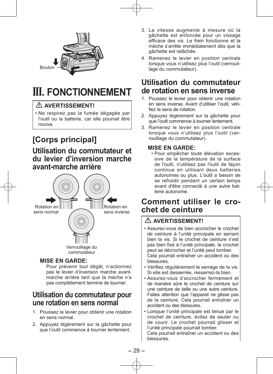 Fonctionnement, Comment utiliser le cro- chet de ceinture | Panasonic EY7546 User Manual | Page 29 / 116