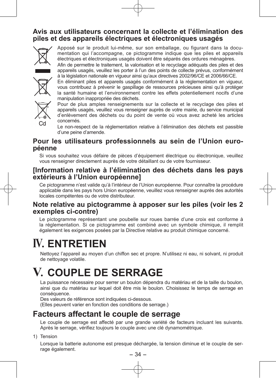 Entretien, Couple de ser rage, Facteurs affectant le couple de serrage | Panasonic EY7546 User Manual | Page 34 / 116