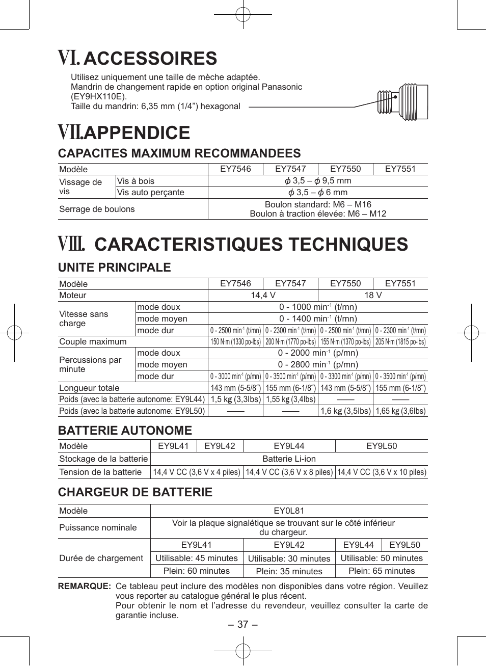 Viii, Accessoires, Appendice | Caracteristiques techniques, Capacites maximum recommandees, Unite principale, Batterie autonome, Chargeur de batterie | Panasonic EY7546 User Manual | Page 37 / 116