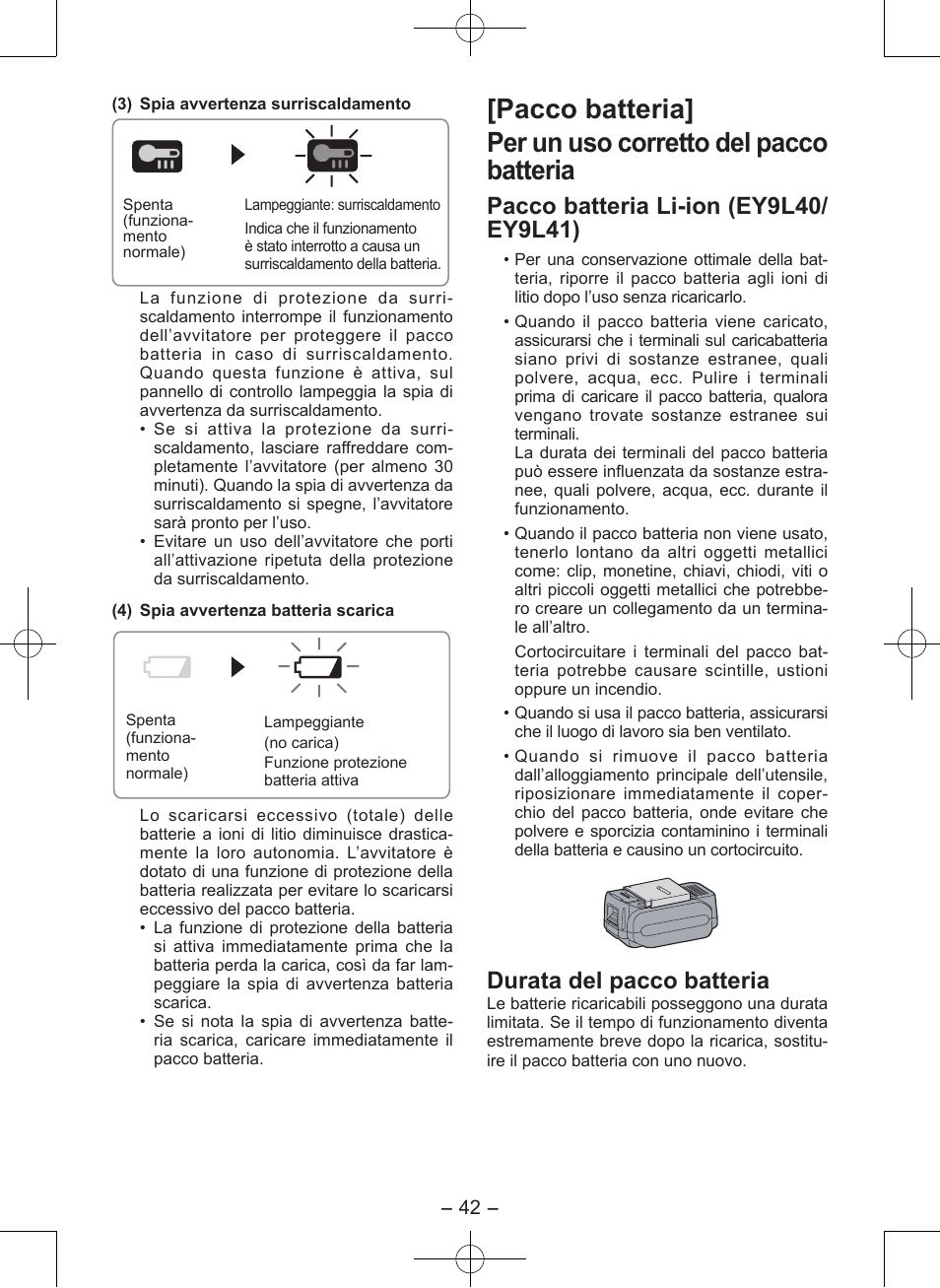 Durata del pacco batteria | Panasonic EY7546 User Manual | Page 42 / 116