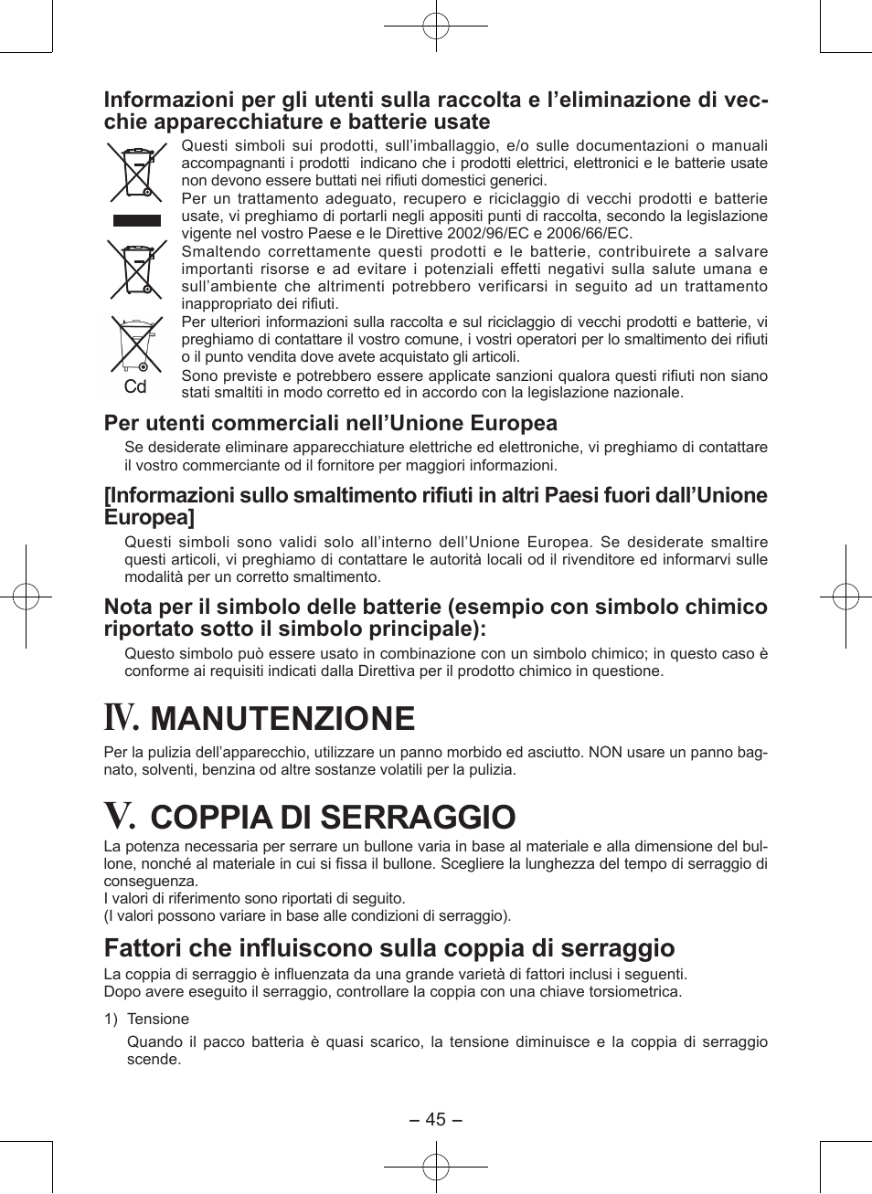 Manutenzione, Coppia di ser raggio, Fattori che influiscono sulla coppia di serraggio | Panasonic EY7546 User Manual | Page 45 / 116