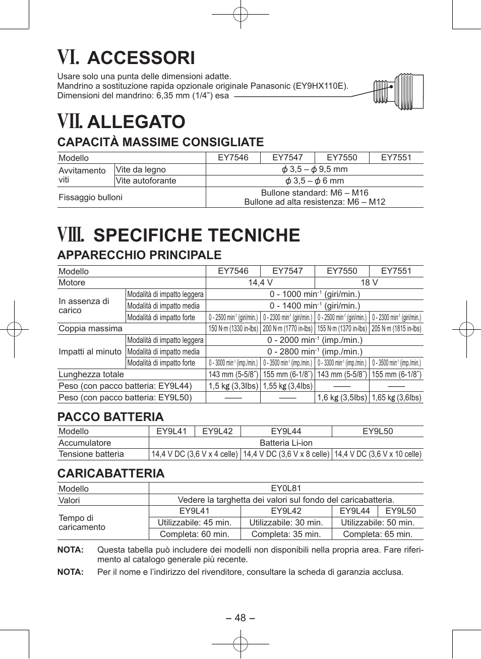 Viii, Accessori, Allegato | Specifiche tecniche, Capacità massime consigliate, Apparecchio principale, Pacco batteria, Caricabatteria | Panasonic EY7546 User Manual | Page 48 / 116