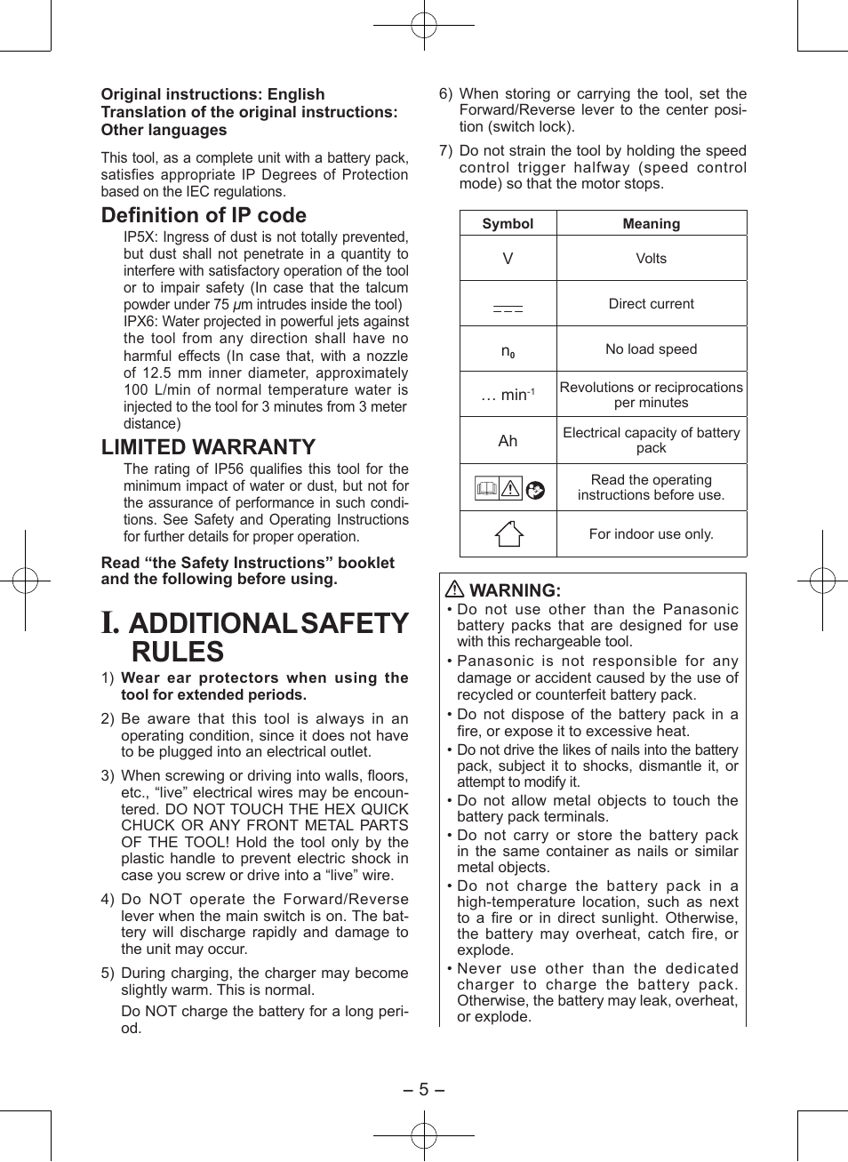 Additional safety rules, Definition of ip code, Limited warranty | Panasonic EY7546 User Manual | Page 5 / 116