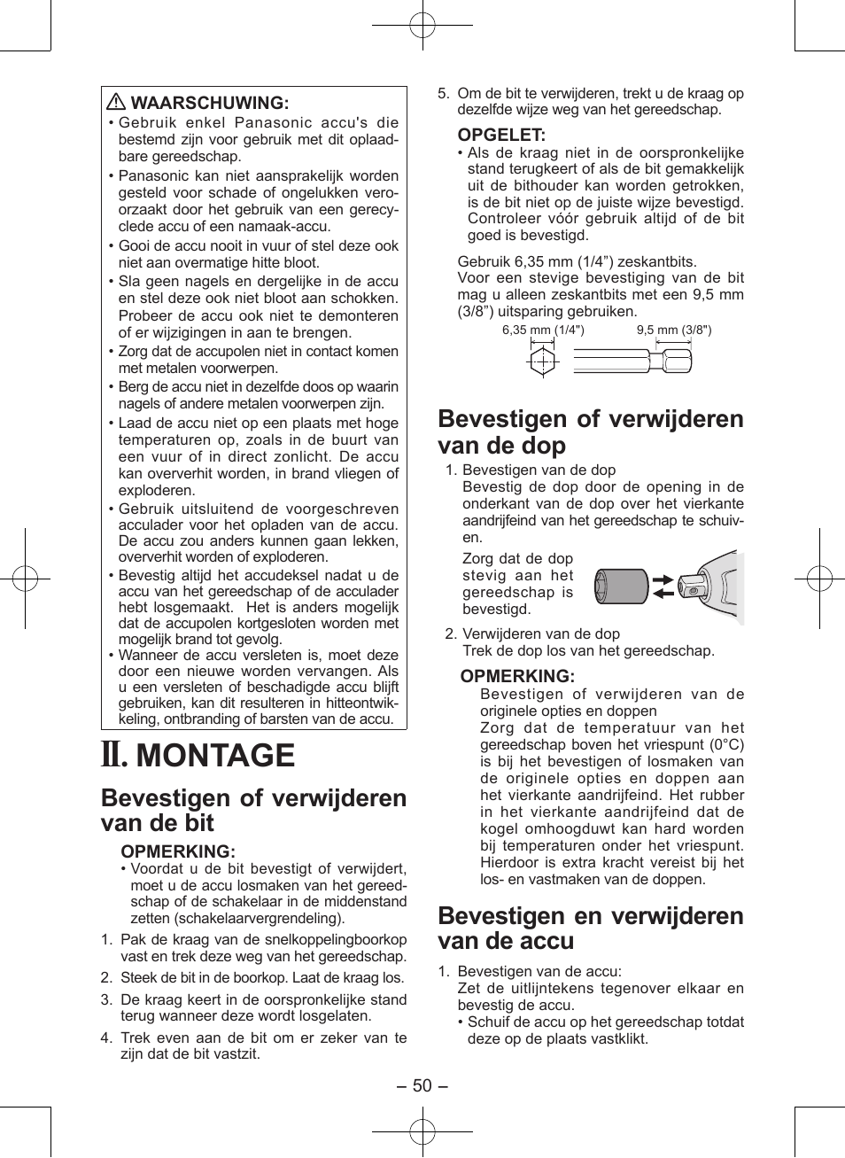 Montage, Bevestigen of verwijderen van de bit, Bevestigen of verwijderen van de dop | Bevestigen en verwijderen van de accu | Panasonic EY7546 User Manual | Page 50 / 116