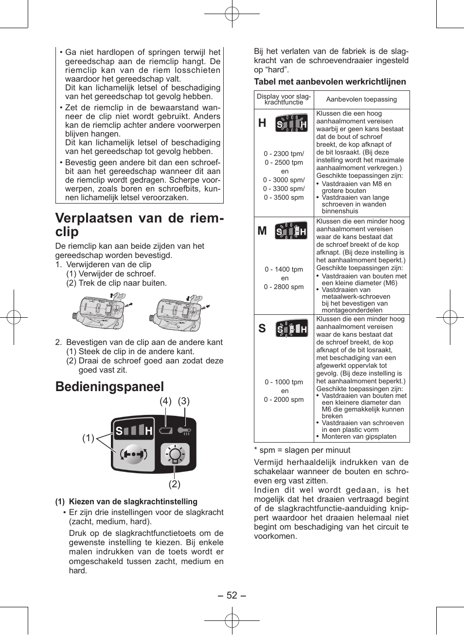 Verplaatsen van de riem- clip, Bedieningspaneel | Panasonic EY7546 User Manual | Page 52 / 116