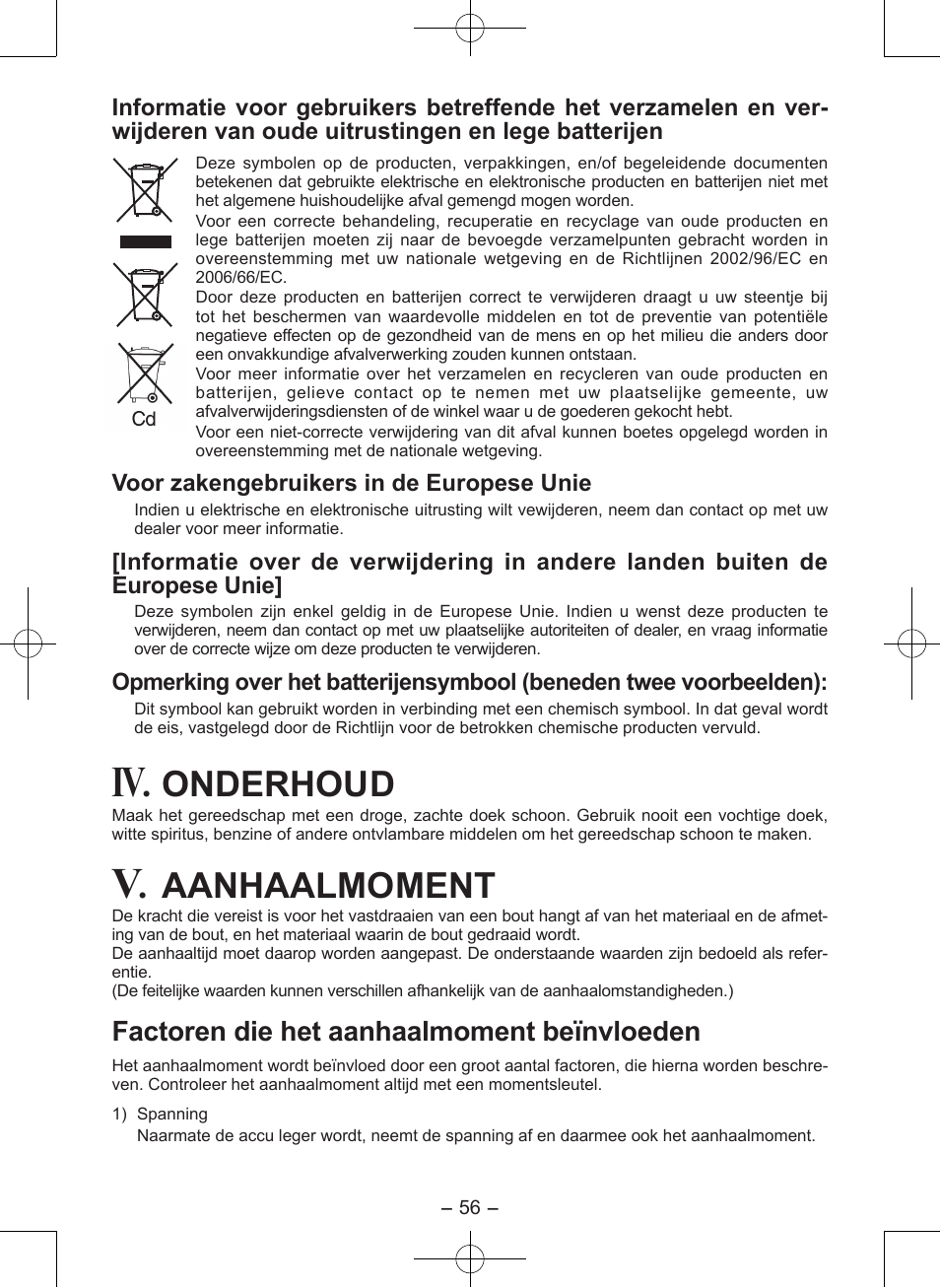 Onderhoud, Aanhaalmoment, Factoren die het aanhaal moment beïnvloeden | Panasonic EY7546 User Manual | Page 56 / 116