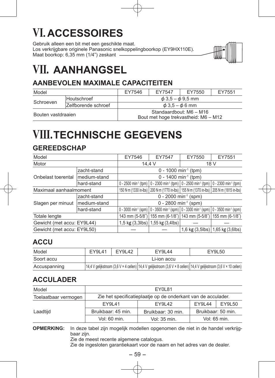 Viii, Accessoires, Aanhangsel | Technische gegevens, Aanbevolen maximale capaciteiten, Gereedschap, Accu, Acculader | Panasonic EY7546 User Manual | Page 59 / 116