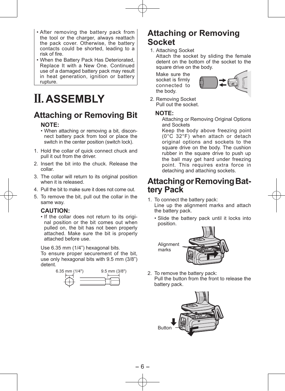 Assembly, Attaching or removing bit, Attaching or removing sock et | Attaching or removing bat- tery pack | Panasonic EY7546 User Manual | Page 6 / 116