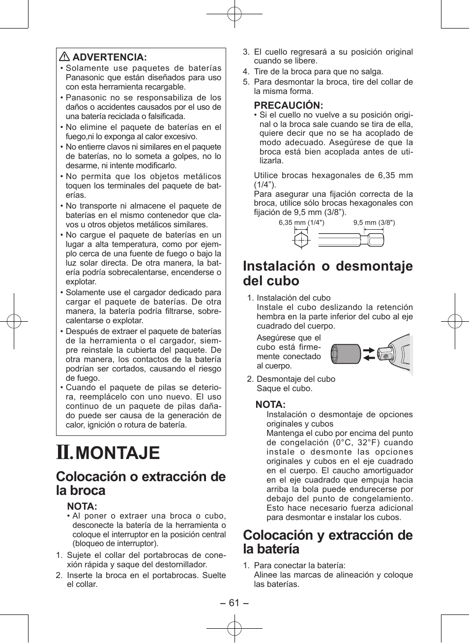 Montaje, Colocación o extracción de la broca, Instalación o desmontaje del cubo | Colocación y extracción de la batería | Panasonic EY7546 User Manual | Page 61 / 116