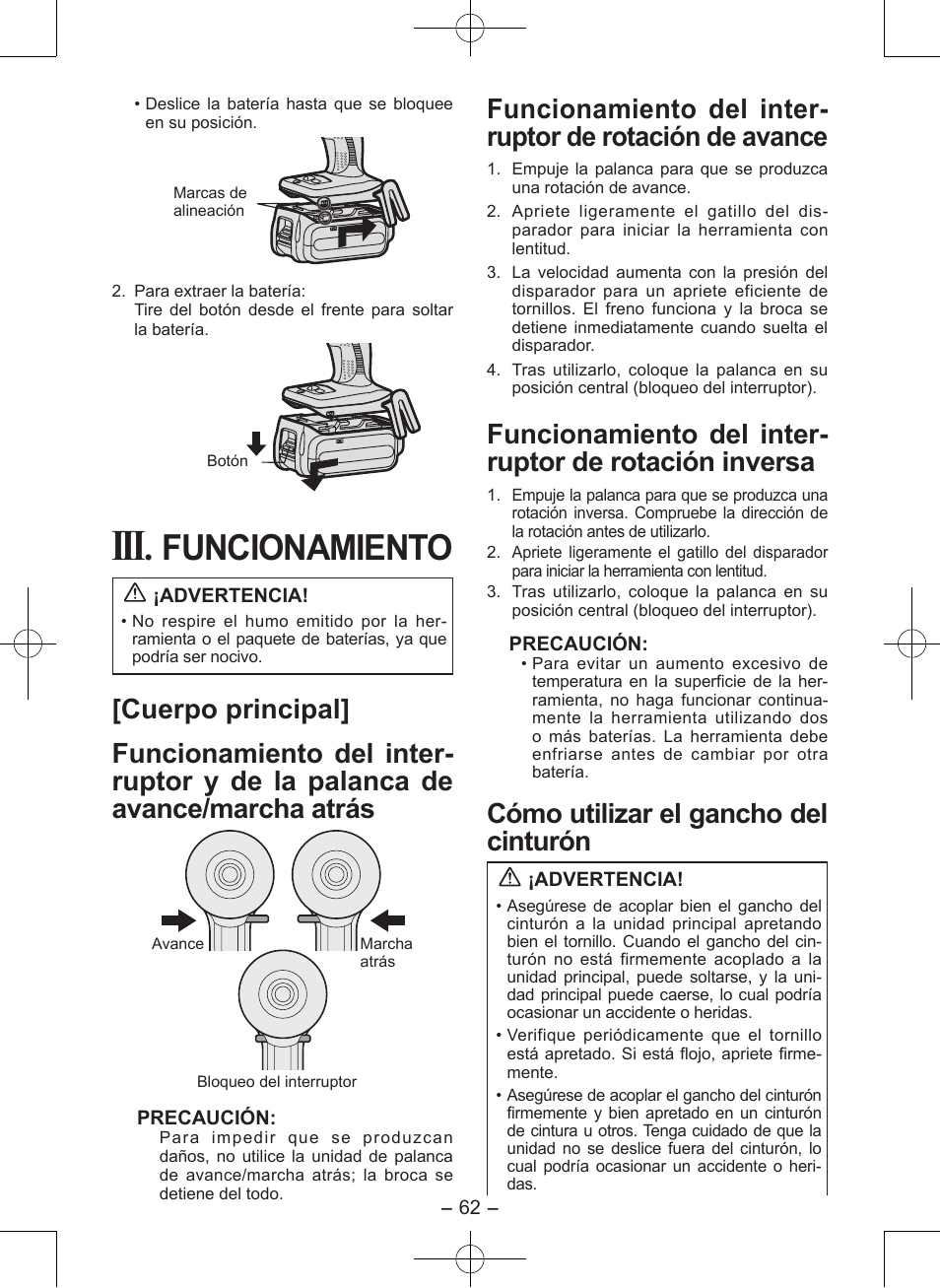 Funcionamiento, Cómo utilizar el gancho del cinturón | Panasonic EY7546 User Manual | Page 62 / 116