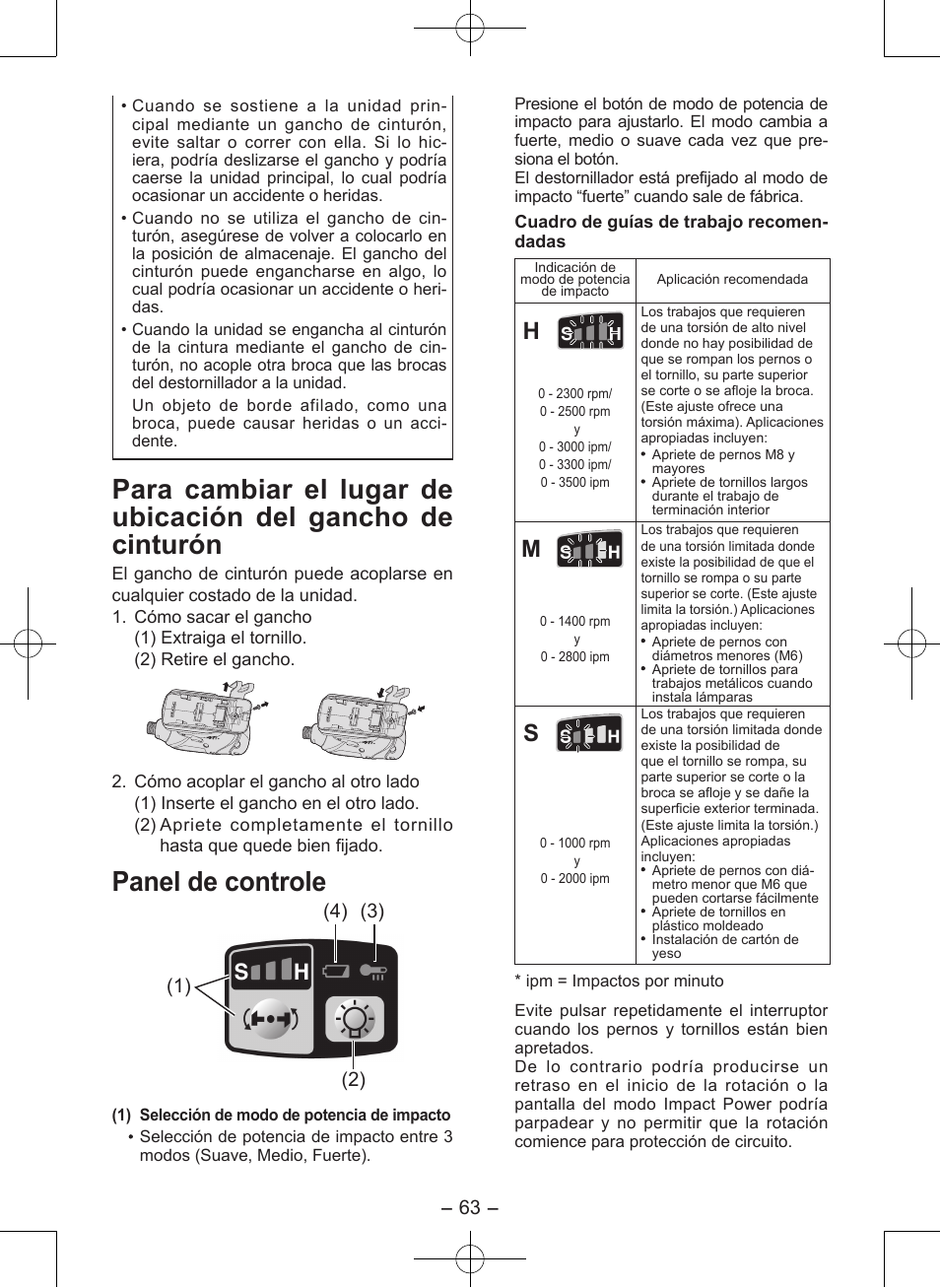 Panel de controle | Panasonic EY7546 User Manual | Page 63 / 116