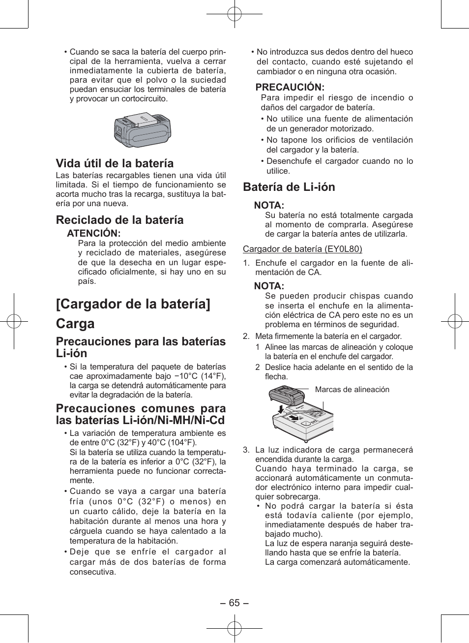 Cargador de la batería] carga, Vida útil de la batería, Reciclado de la batería | Precauciones para las baterías li-ión, Batería de li-ión | Panasonic EY7546 User Manual | Page 65 / 116