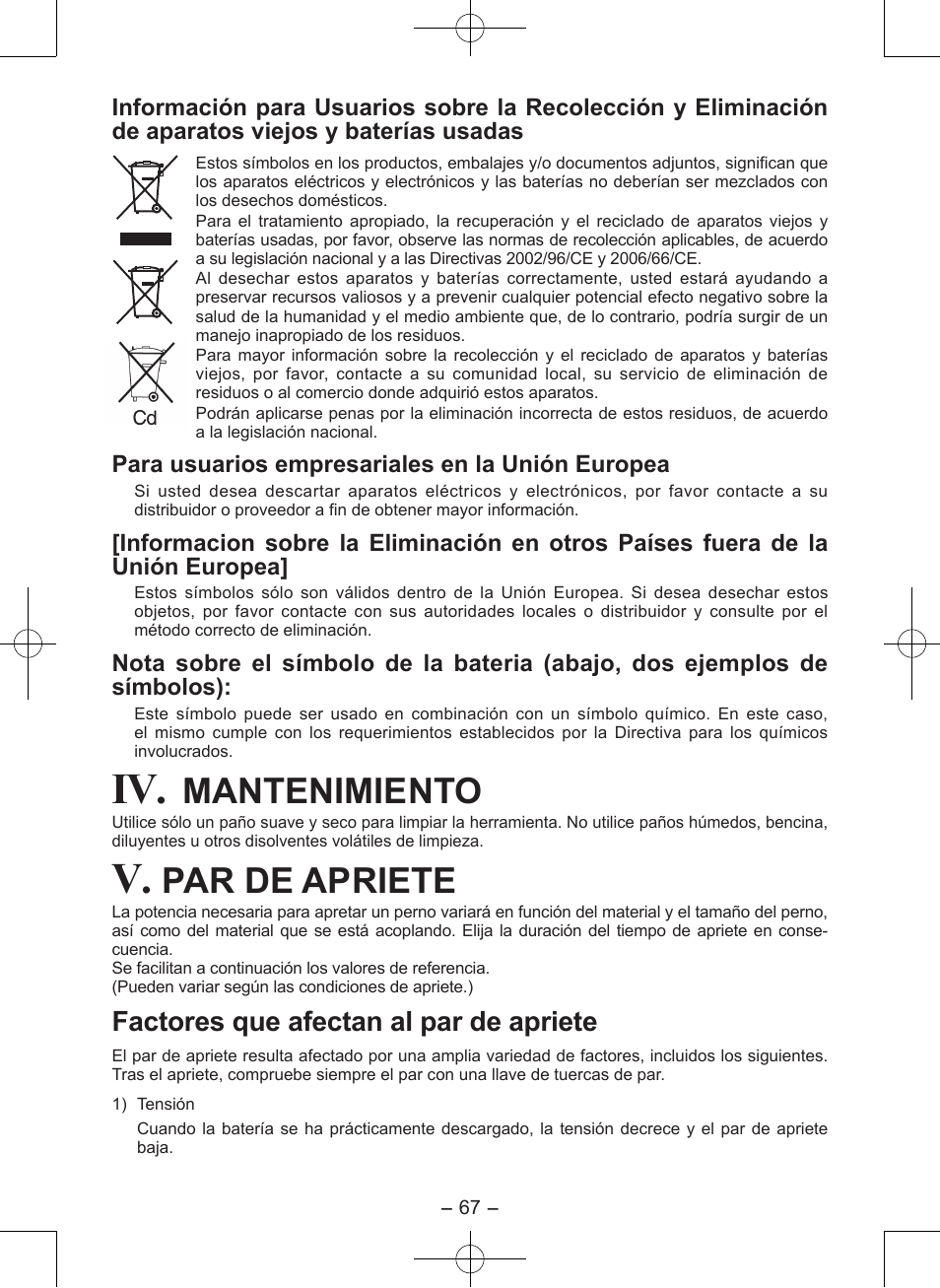 Mantenimiento, Par de apriete, Factores que afectan al par de apriete | Para usuarios empresariales en la unión europea | Panasonic EY7546 User Manual | Page 67 / 116