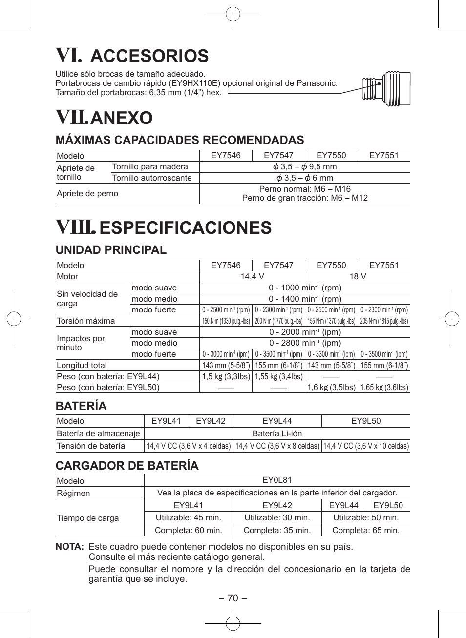 Viii, Accesorios, Anexo | Especificaciones, Máximas capacidades recomendadas, Unidad principal, Batería, Cargador de batería | Panasonic EY7546 User Manual | Page 70 / 116