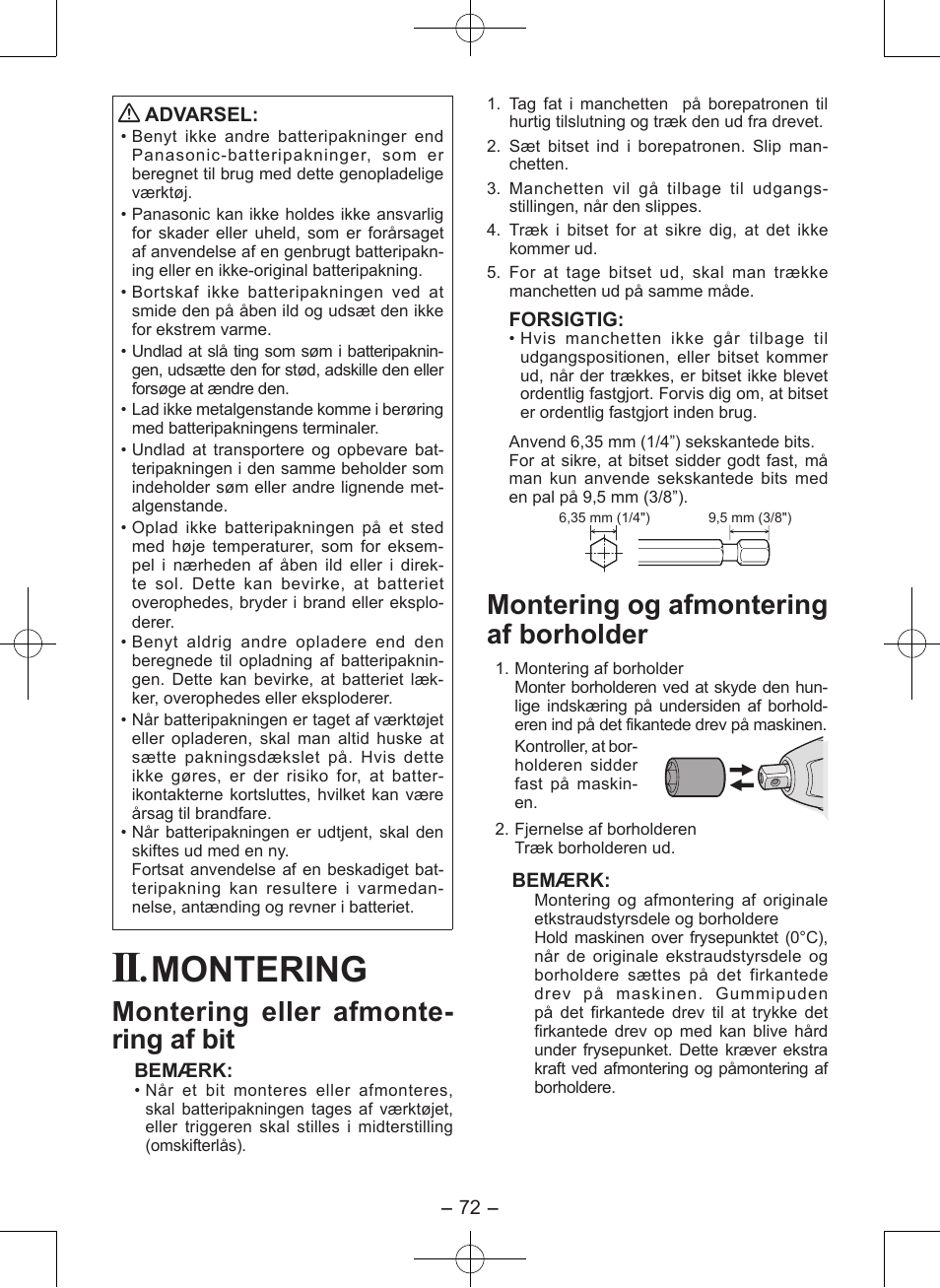 Montering, Montering eller afmonte- ring af bit, Montering og afmontering af borholder | Panasonic EY7546 User Manual | Page 72 / 116