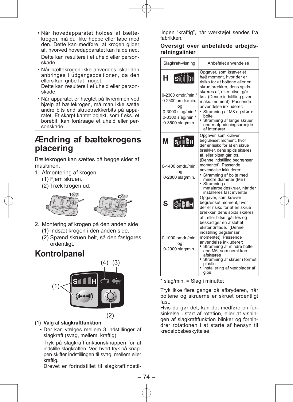 Ændring af bæltekrogens placering, Kontrolpanel | Panasonic EY7546 User Manual | Page 74 / 116