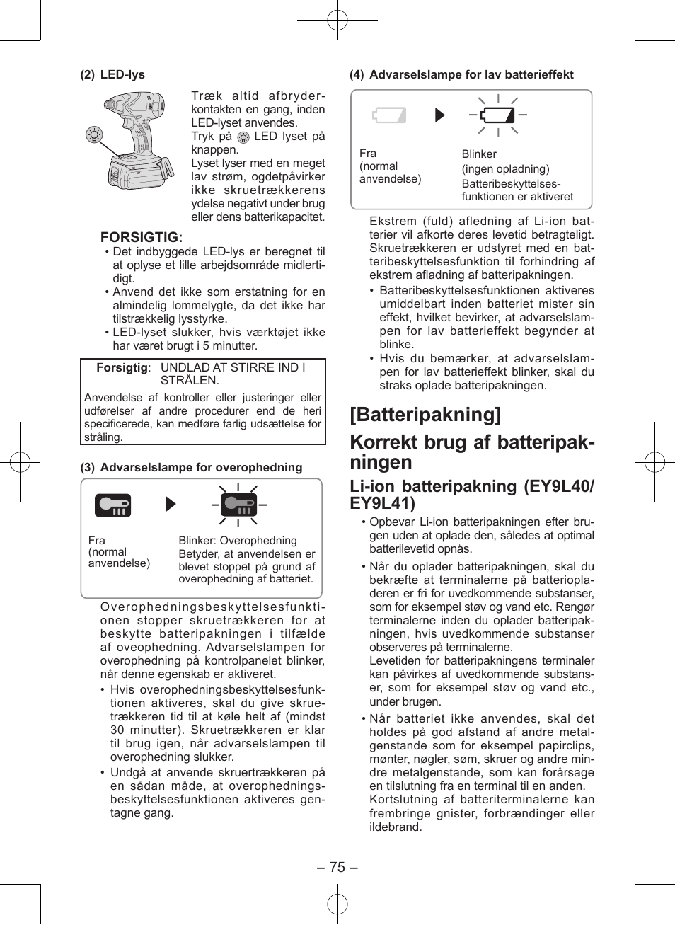 Batteripakning] korrekt brug af batteripak- ningen | Panasonic EY7546 User Manual | Page 75 / 116