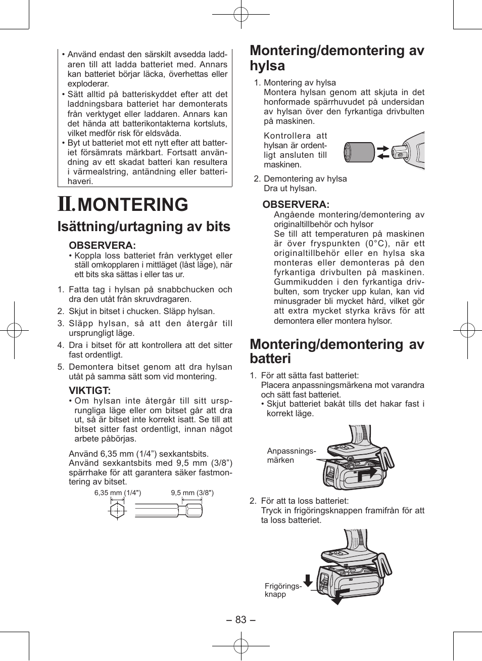 Montering, Isättning/urtagning av bits, Montering/demontering av hylsa | Montering/demontering av batteri | Panasonic EY7546 User Manual | Page 83 / 116