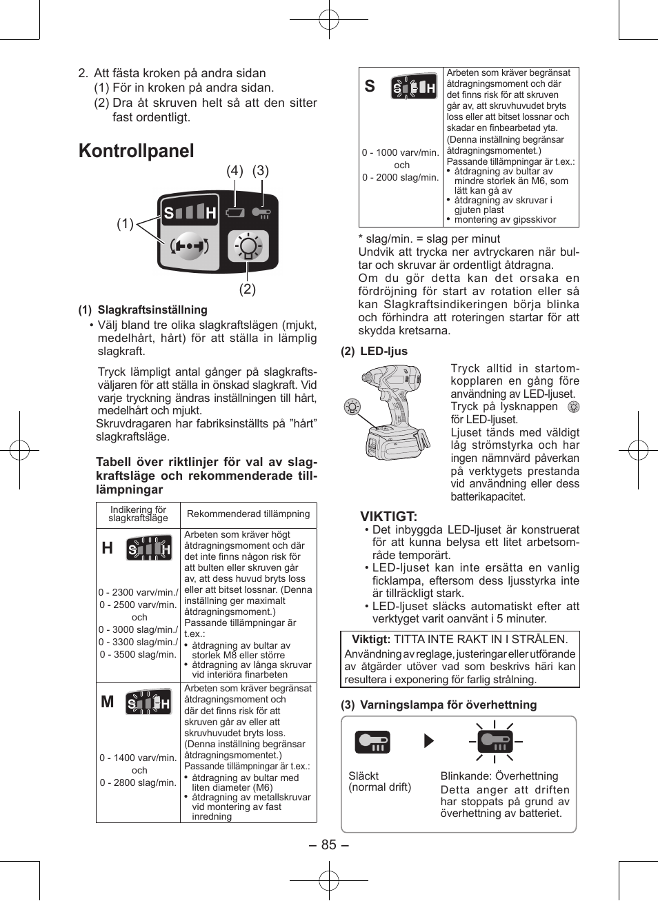 Kontrollpanel, Viktigt | Panasonic EY7546 User Manual | Page 85 / 116