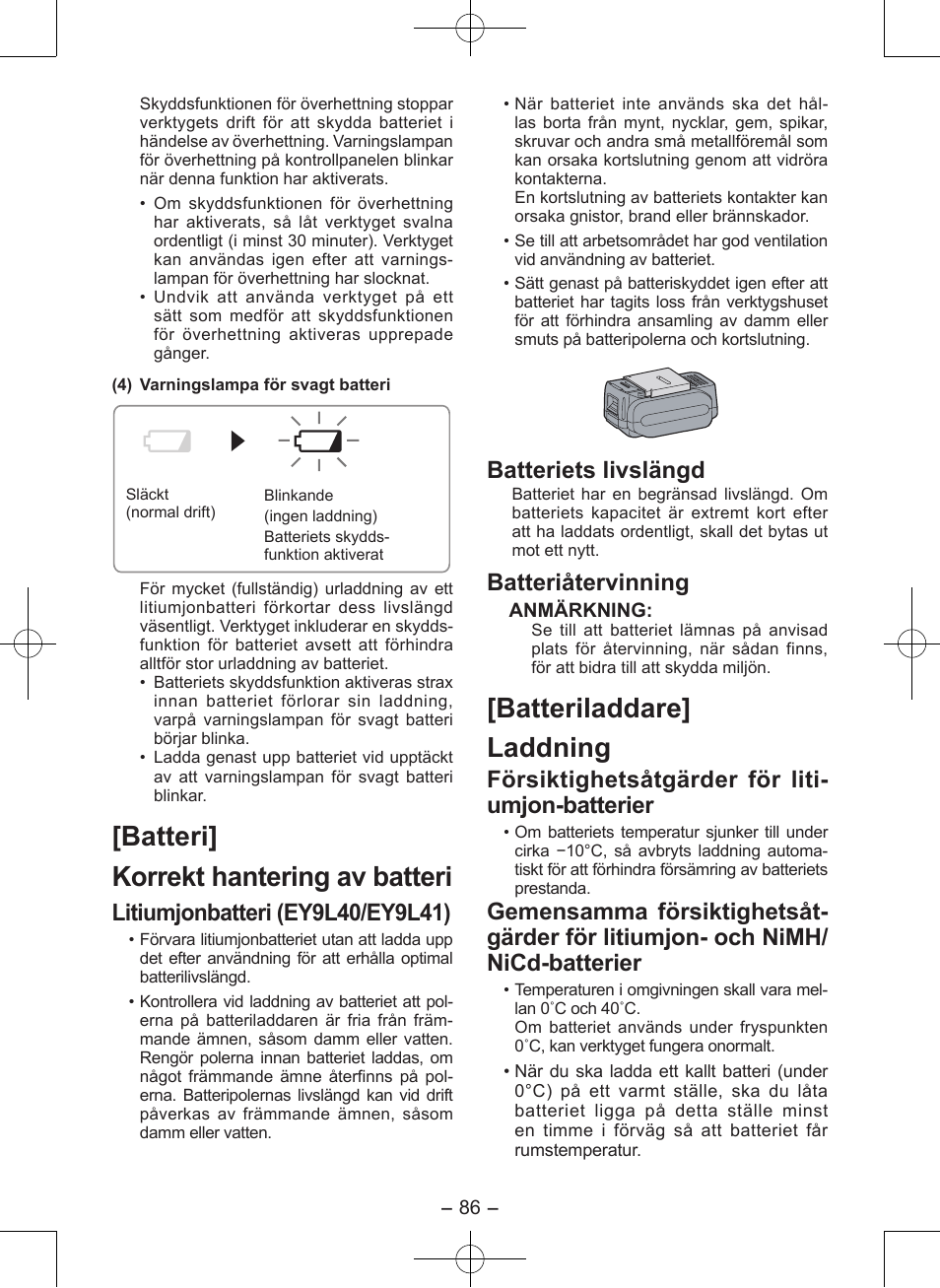 Batteri] korrekt hantering av batteri, Batteriladdare] laddning, Batteriets livslängd | Batteriåtervinning, Försiktighetsåt gärder för liti- umjon-batterier | Panasonic EY7546 User Manual | Page 86 / 116