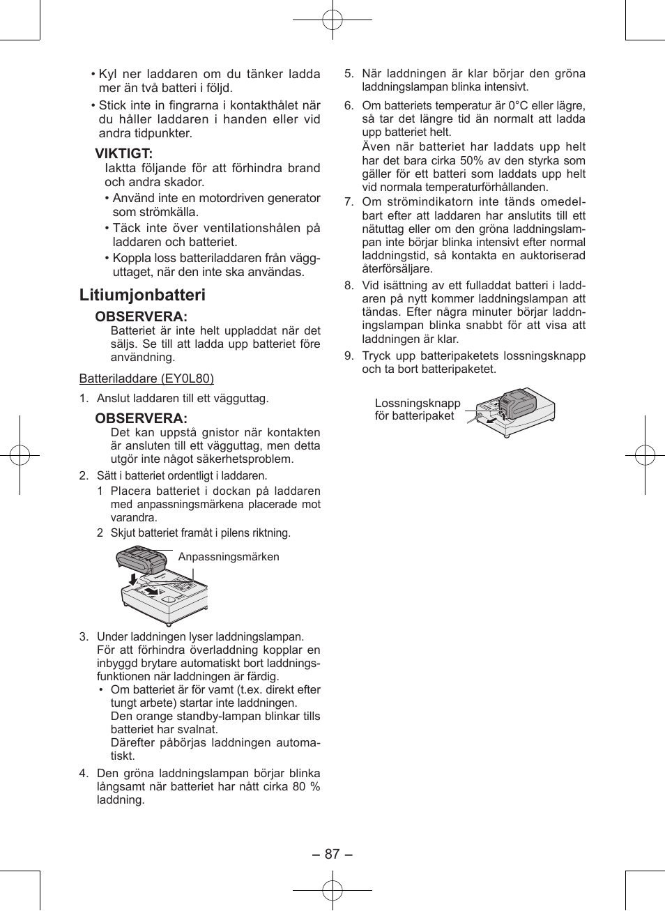 Litiumjonbatteri | Panasonic EY7546 User Manual | Page 87 / 116