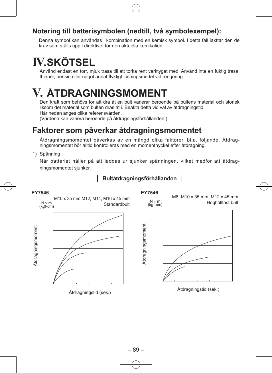 Skötsel, Åtdragningsmo ment, Faktorer som påverkar åtdrag ningsmomentet | Bultåtdragningsförhållanden | Panasonic EY7546 User Manual | Page 89 / 116