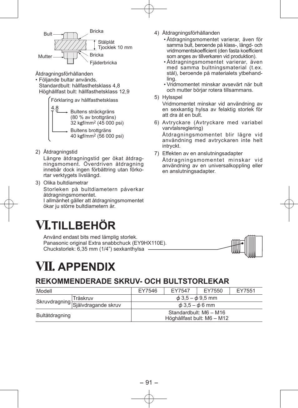 Tillbehör, Appendix, Rekommenderade skruv- och bultstorlekar | Panasonic EY7546 User Manual | Page 91 / 116