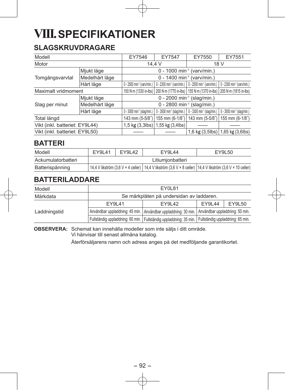 Viii, Specifikationer, Slagskruvdragare | Batteri, Batteriladdare | Panasonic EY7546 User Manual | Page 92 / 116