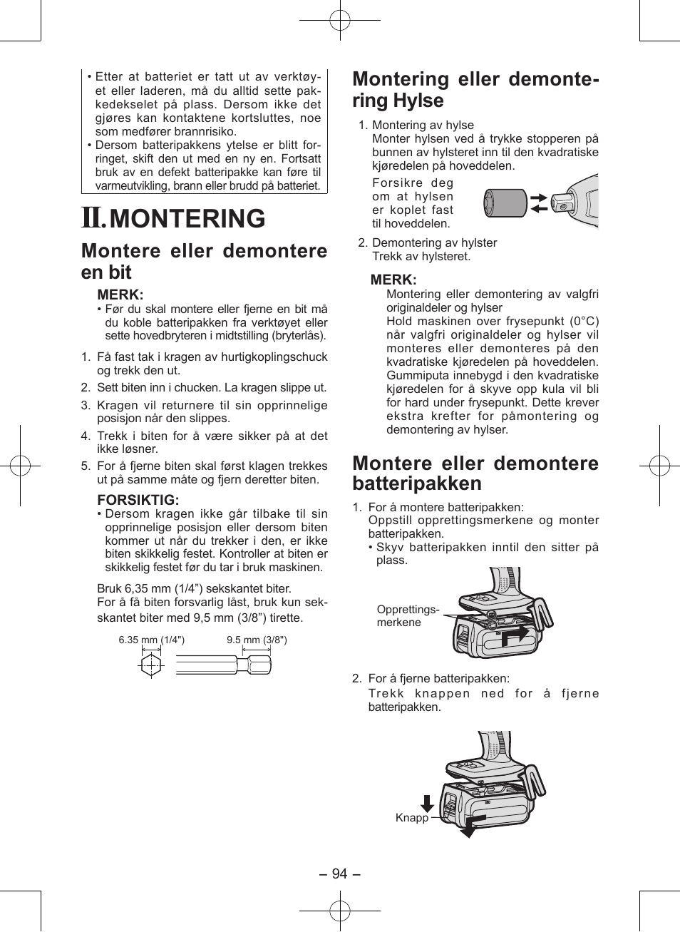 Montering, Montere eller demontere en bit, Montering eller demonte- ring hylse | Montere eller demontere batteri pakken | Panasonic EY7546 User Manual | Page 94 / 116