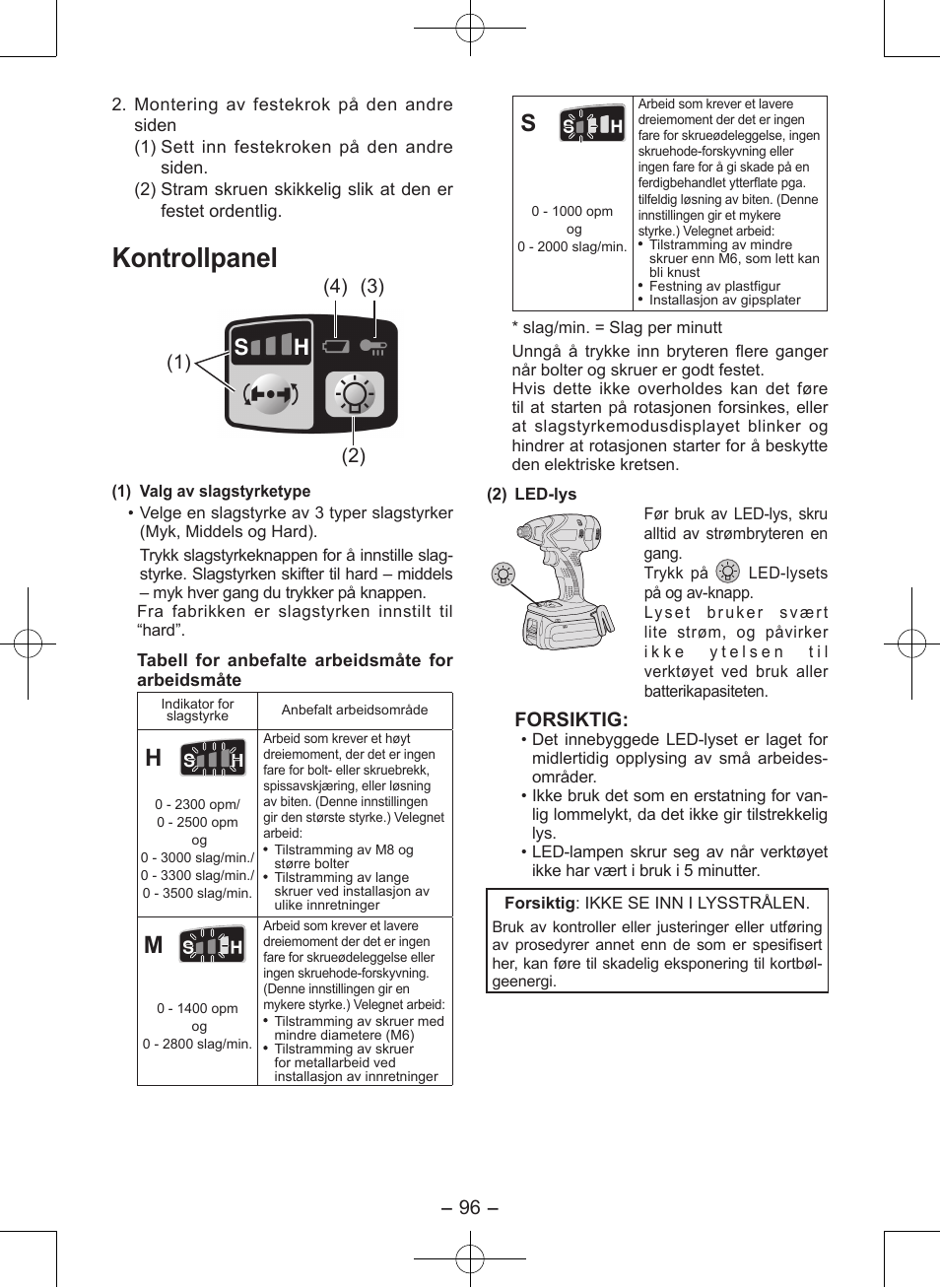 Kontrollpanel, Forsiktig | Panasonic EY7546 User Manual | Page 96 / 116