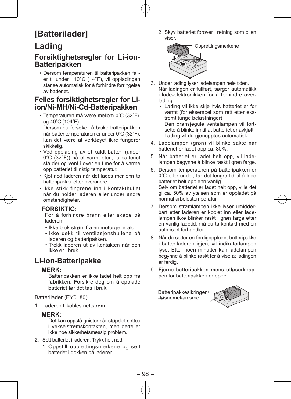 Batterilader] lading, Forsiktighetsregler for li-ion- batteripakken, Li-ion-batteripakke | Panasonic EY7546 User Manual | Page 98 / 116