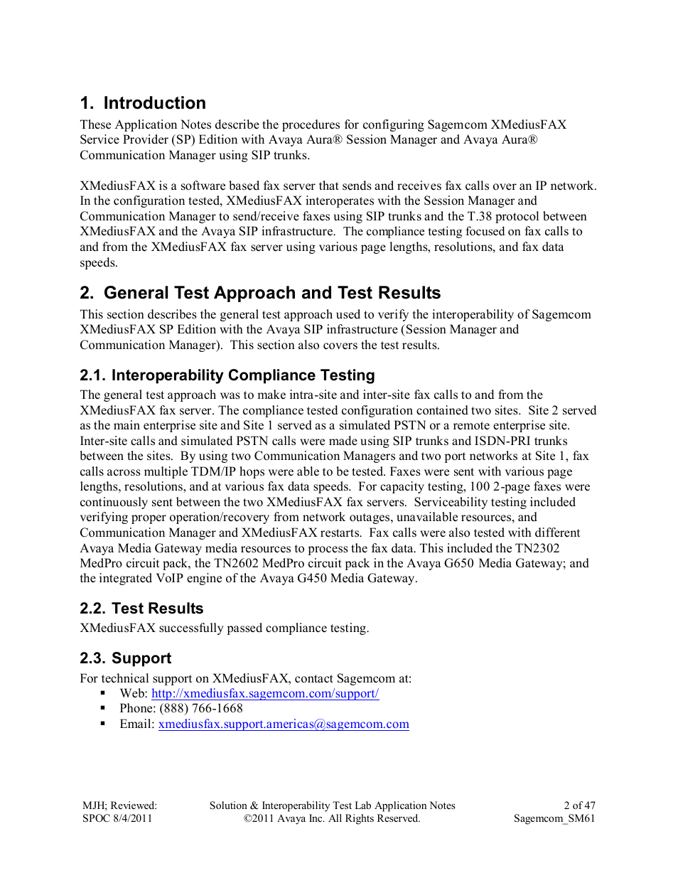 Introduction, General test approach and test results | Avaya SM61 User Manual | Page 2 / 47