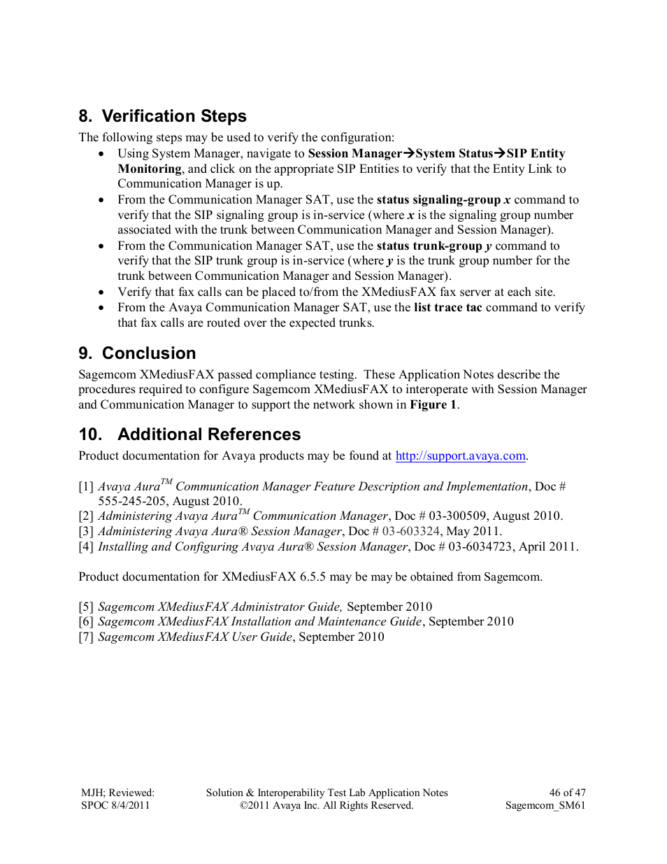 Verification steps, Conclusion, Additional references | Avaya SM61 User Manual | Page 46 / 47