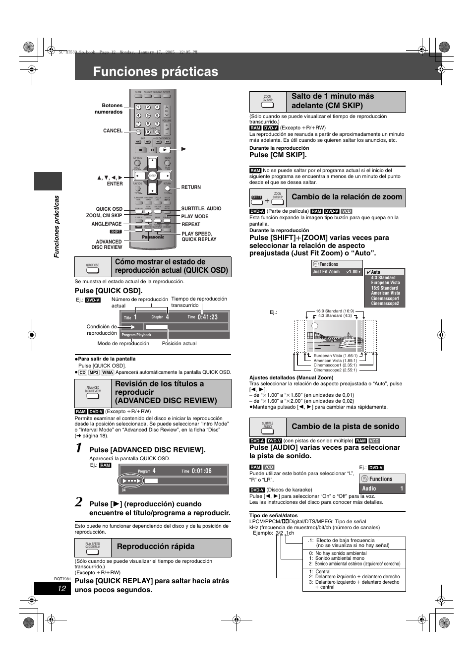 Funciones prácticas, Pulse [quick osd, Pulse [advanced disc review | Pulse [cm skip, Func ione s pr á c ti c a s | Panasonic SCHT530 User Manual | Page 12 / 32