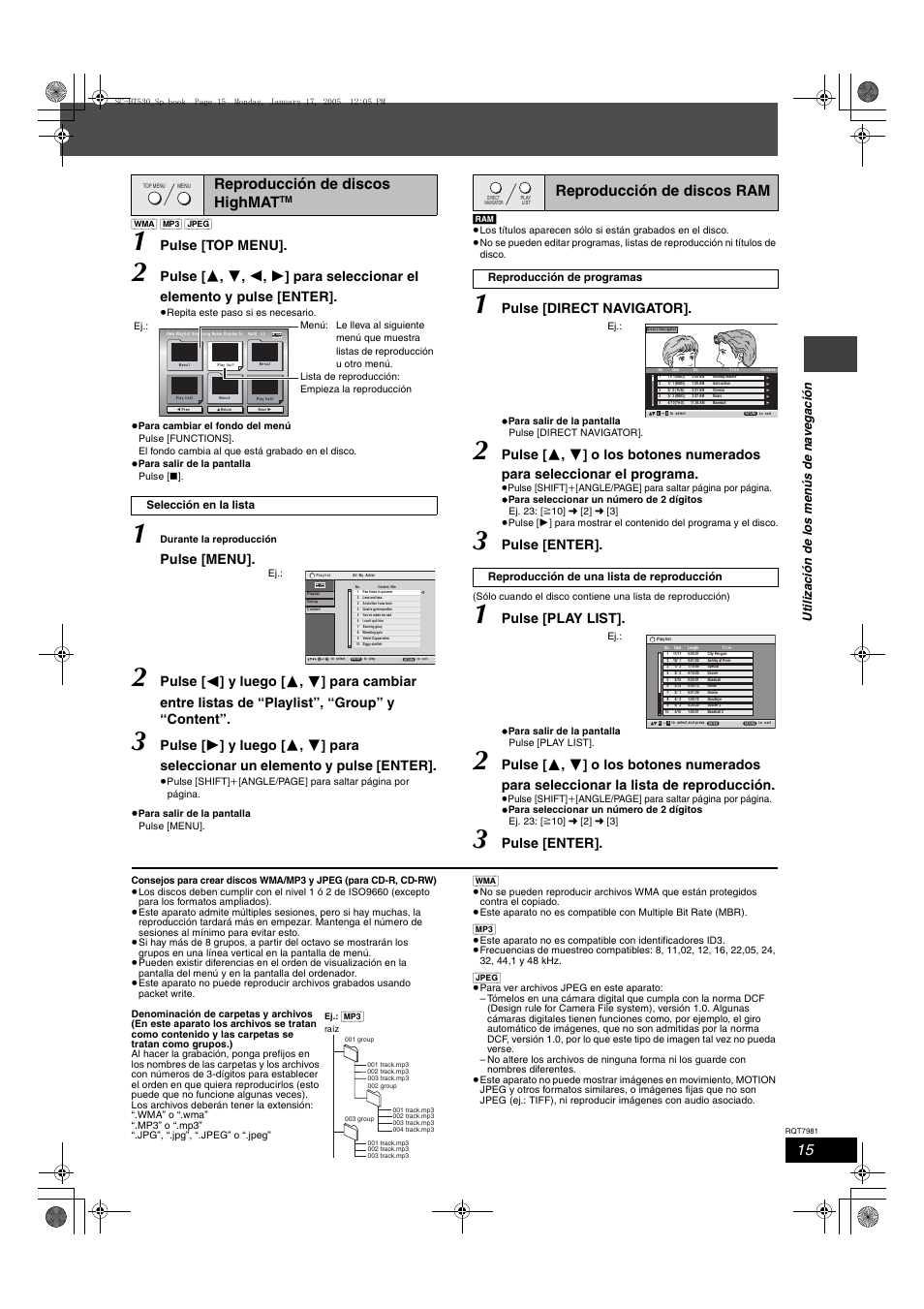 Reproducción de discos highmat, Reproducción de discos ram, Pulse [top menu | Pulse [menu, Pulse [direct navigator, Pulse [enter, Pulse [play list | Panasonic SCHT530 User Manual | Page 15 / 32