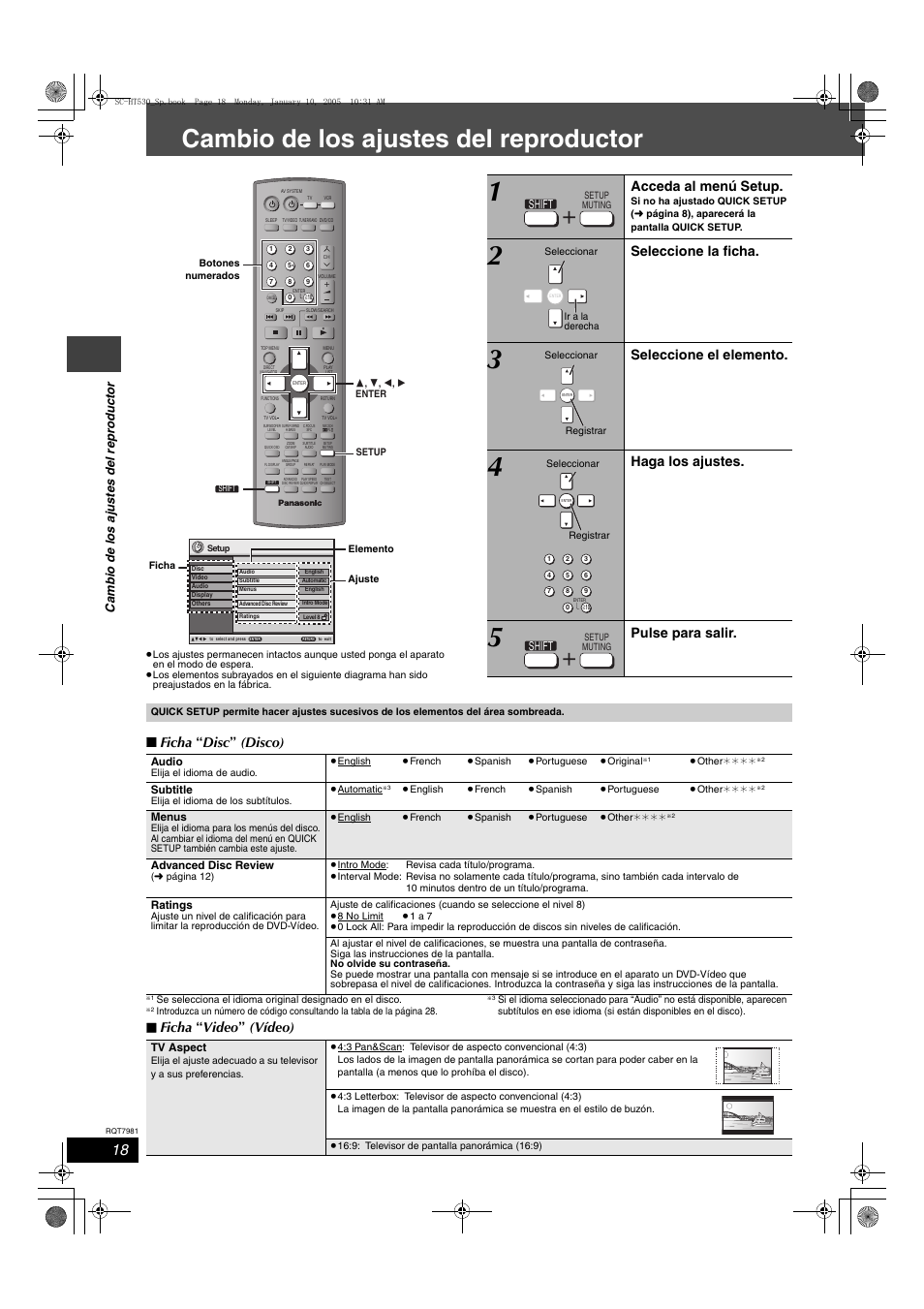 Cambio de los ajustes del reproductor, Ficha “ disc ” (disco), Ficha “ video ” (vídeo) | Acceda al menú setup, Seleccione la ficha, Seleccione el elemento, Haga los ajustes, Pulse para salir, Cambio de los ajus te s del repr odu ct or, Shift | Panasonic SCHT530 User Manual | Page 18 / 32