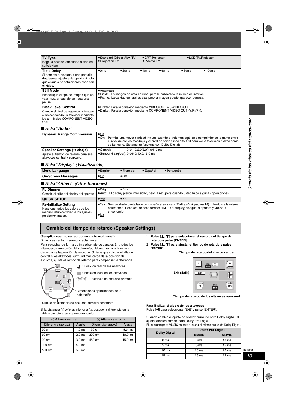 Cambio del tiempo de retardo (speaker settings) | Panasonic SCHT530 User Manual | Page 19 / 32