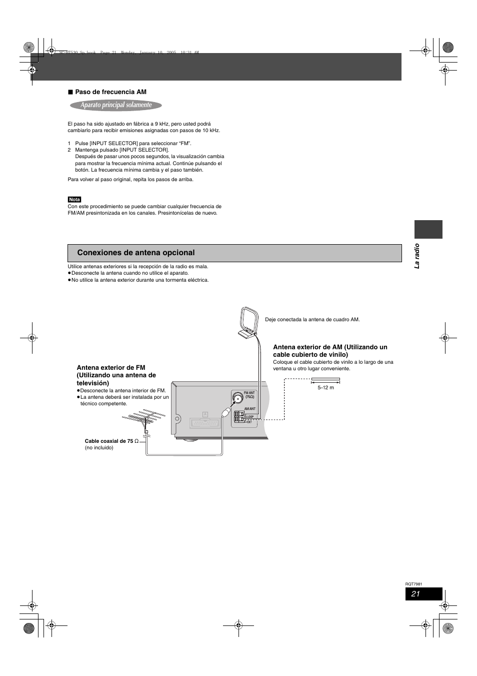 Conexiones de antena opcional, Aparato principal solamente, La r a dio ∫ paso de frecuencia am | Panasonic SCHT530 User Manual | Page 21 / 32