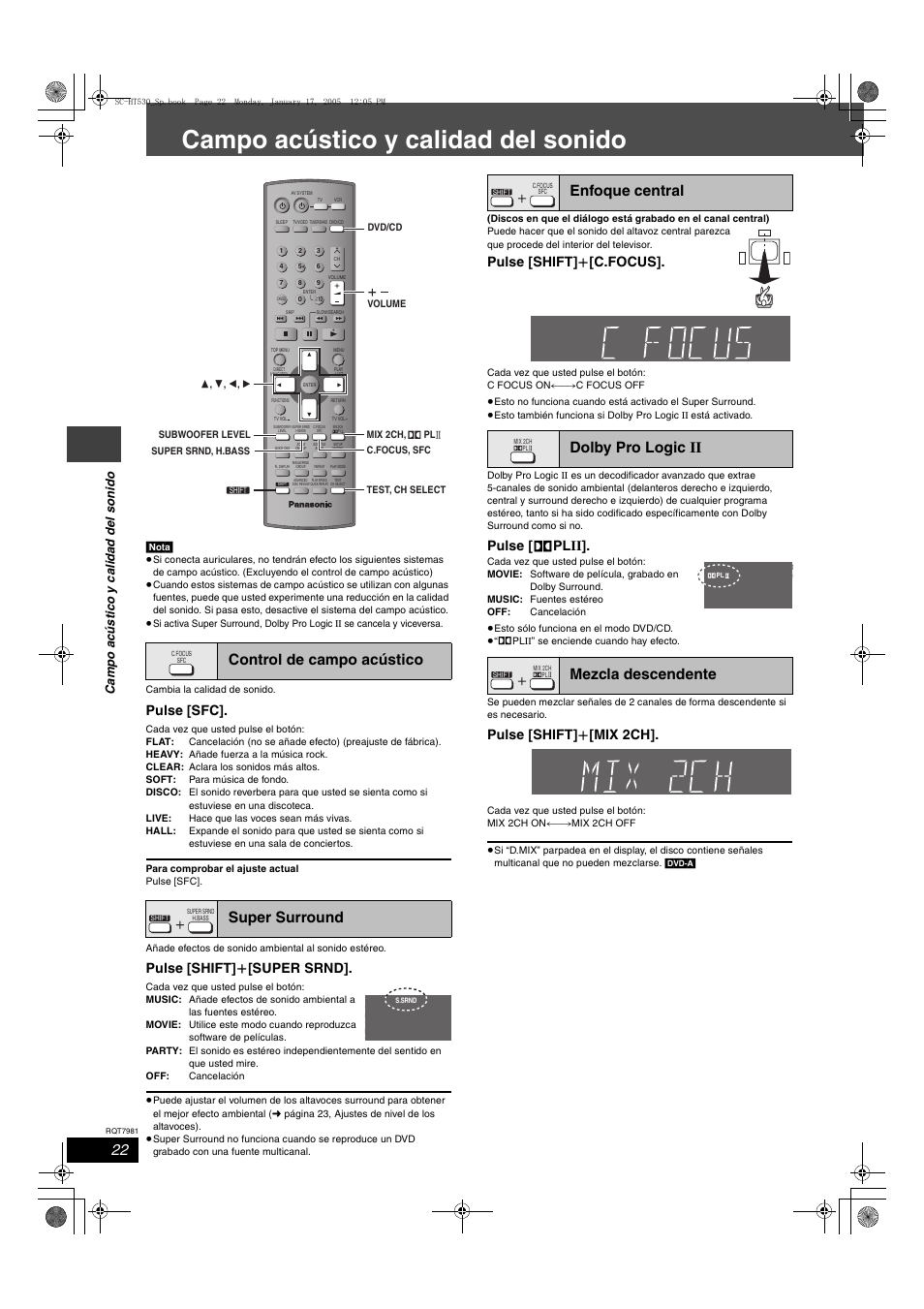 Campo acústico y calidad del sonido, Control de campo acústico super surround, Pulse [sfc | Pulse [shift] i [super srnd, Pulse [shift] i [c.focus, Pulse [ î plii, Pulse [shift] i [mix 2ch | Panasonic SCHT530 User Manual | Page 22 / 32