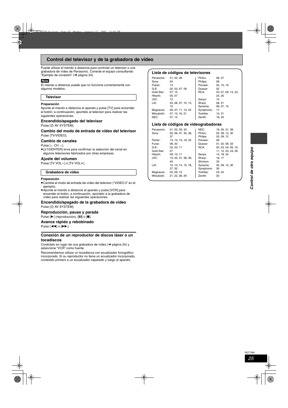 Control del televisor y de la grabadora de vídeo | Panasonic SCHT530 User Manual | Page 25 / 32