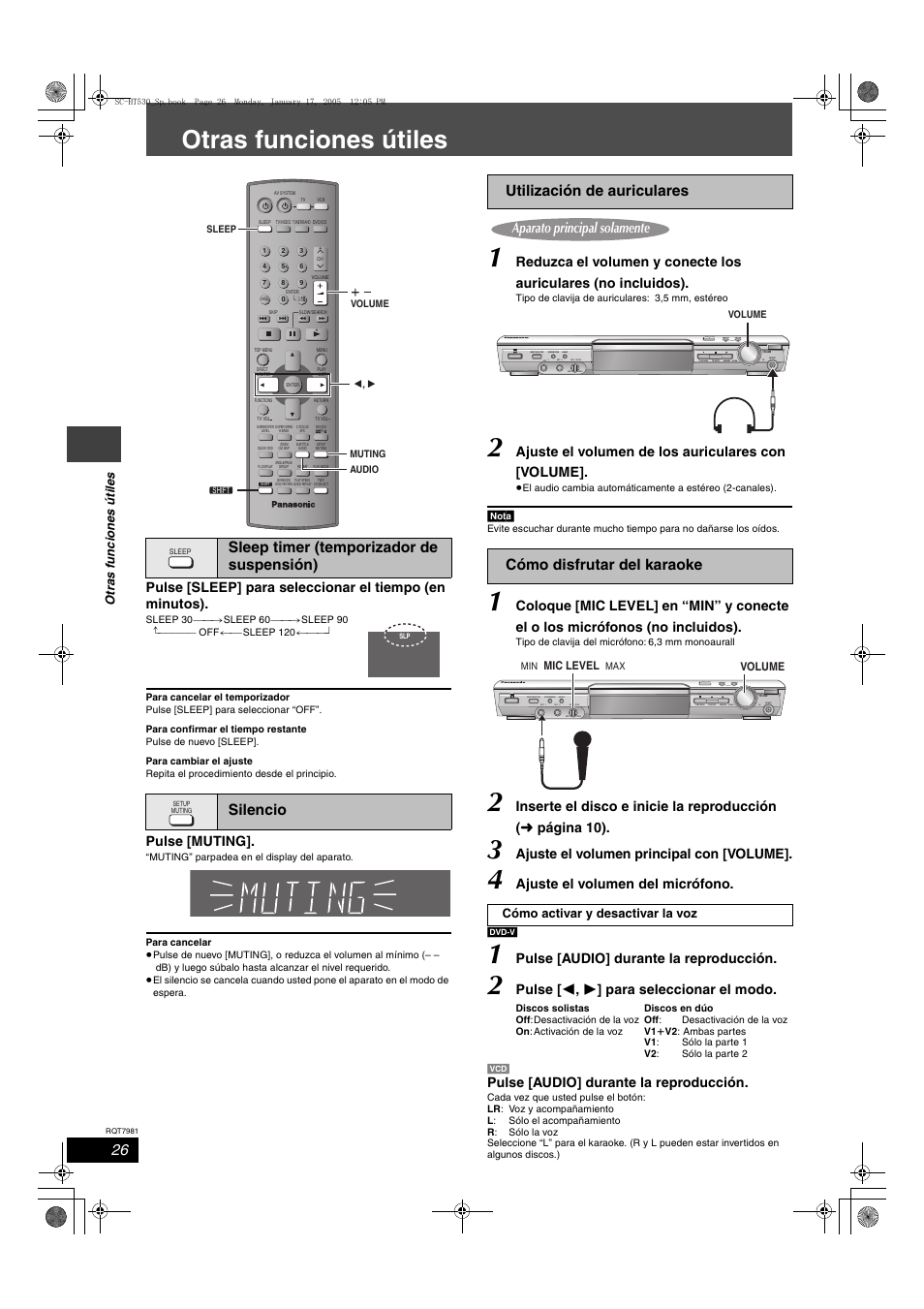 Otras funciones útiles, Sleep timer (temporizador de suspensión) silencio, Pulse [muting | Ajuste el volumen de los auriculares con [volume, Ajuste el volumen principal con [volume, Ajuste el volumen del micrófono, Pulse [audio] durante la reproducción, Pulse [ 2 , 1 ] para seleccionar el modo, Open close, Otr a s fun c ione s útile s | Panasonic SCHT530 User Manual | Page 26 / 32