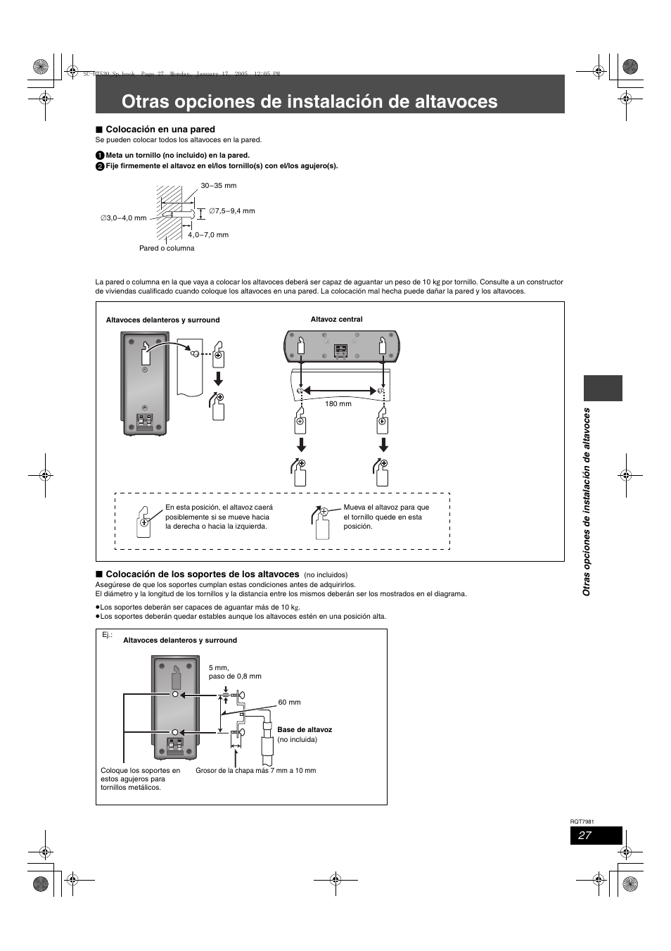 Otras opciones de instalación de altavoces | Panasonic SCHT530 User Manual | Page 27 / 32