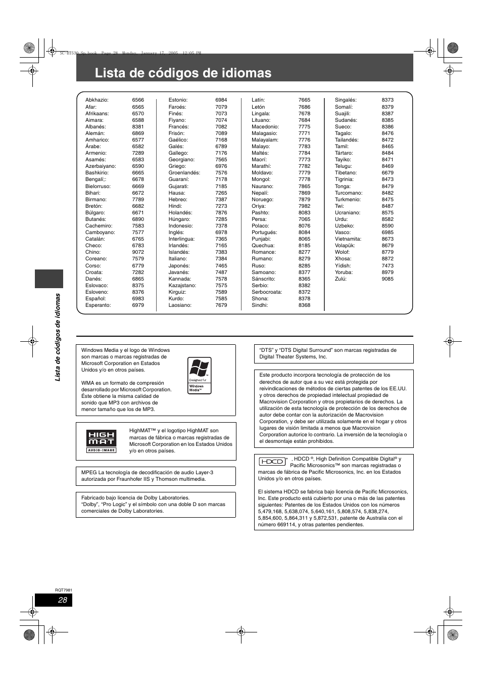 Lista de códigos de idiomas | Panasonic SCHT530 User Manual | Page 28 / 32