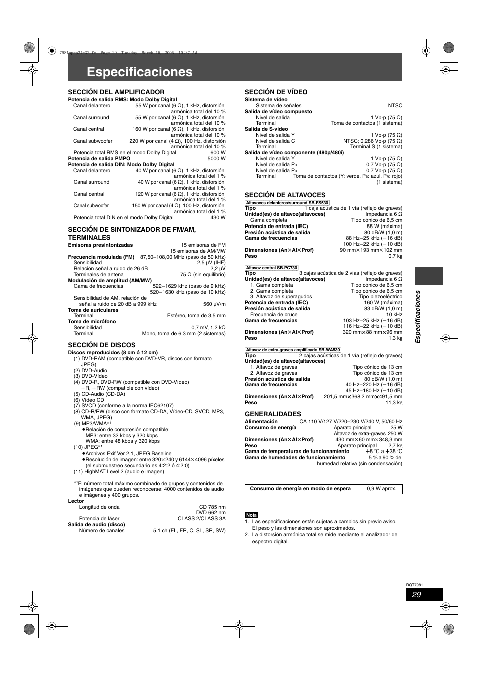 Especificaciones | Panasonic SCHT530 User Manual | Page 29 / 32