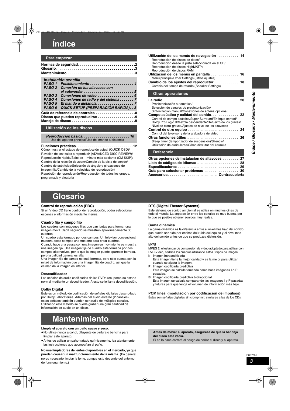 Índice, Glosario mantenimiento | Panasonic SCHT530 User Manual | Page 3 / 32