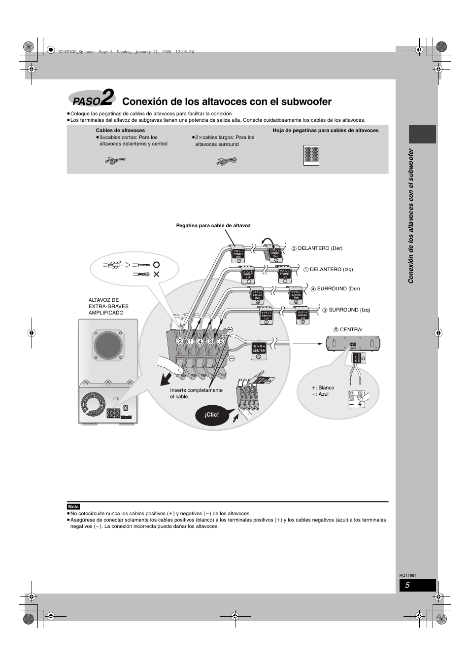 Paso, Conexión de los altavoces con el subwoofer | Panasonic SCHT530 User Manual | Page 5 / 32
