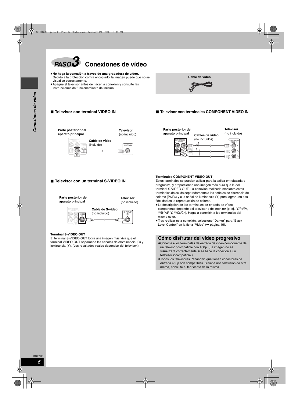 Paso, Conexiones de vídeo, Cómo disfrutar del vídeo progresivo | Televisor con terminales component video in, Cone x ion e s de v íde o | Panasonic SCHT530 User Manual | Page 6 / 32