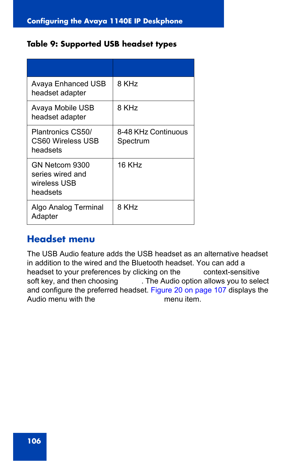 Headset menu | Avaya 1140E IP User Manual | Page 106 / 418